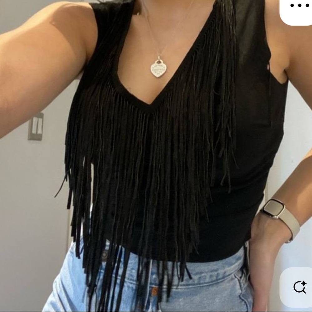 Zara Faux Suede Black Fringe Cropped Tank Top Sz S MWT
